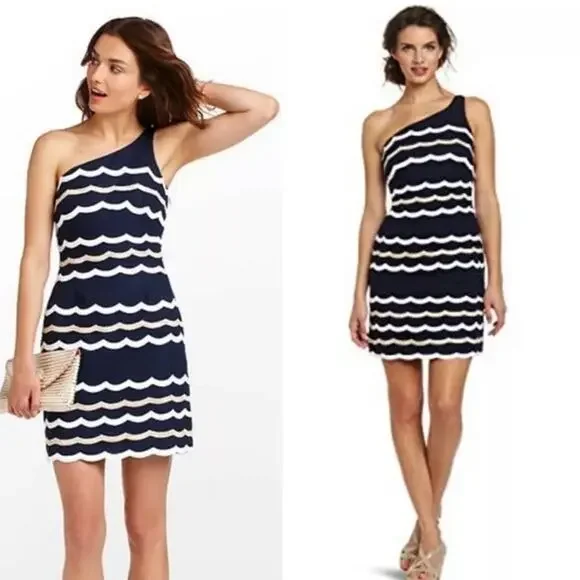 Lilly Pulitzer Tylar One Shoulder Scallop Mini Dress Navy Size 4 - Picture 2 of 13